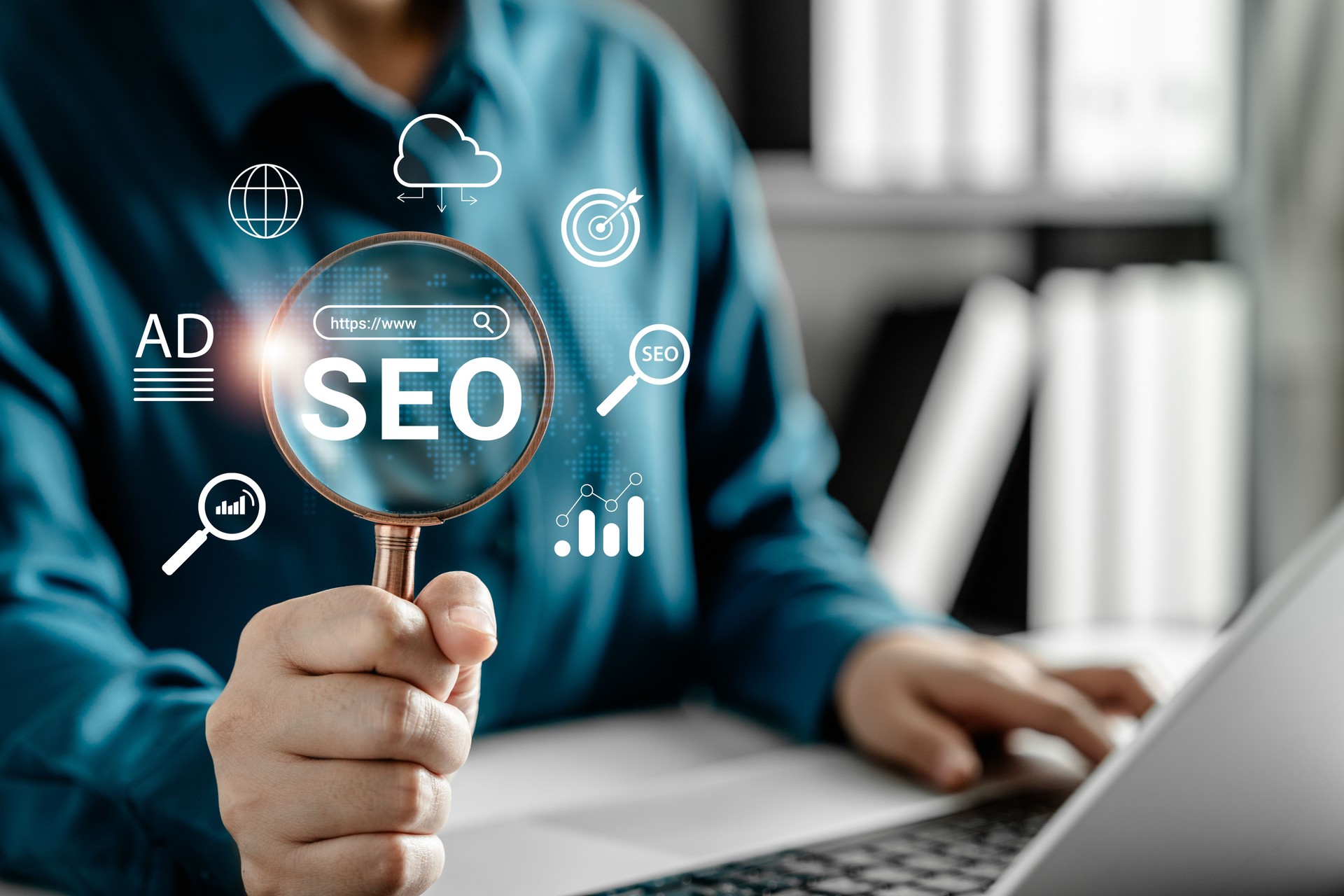 Businesswoman using magnifying glass to analyze SEO and digital marketing strategy on laptop, search engine optimization, online advertising, and website traffic analysis in modern office.