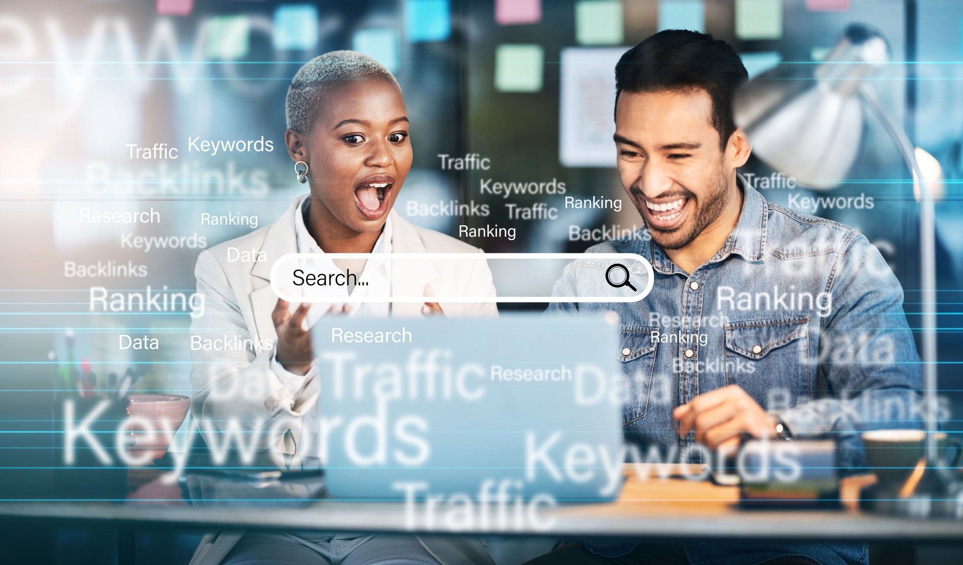 Seo, collaboration and laptop with business people in office for research, social media and branding. Overlay, news and creative with man and black woman in digital agency for startup and website