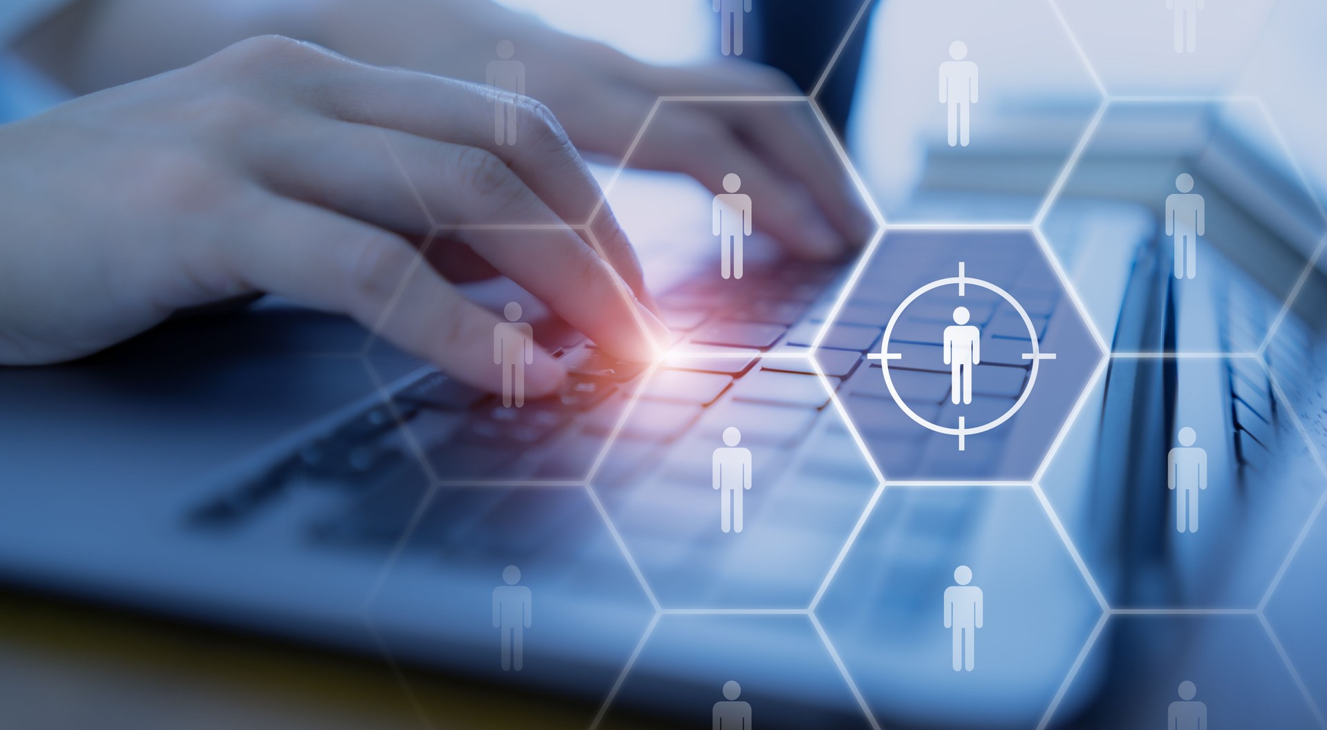 Target customer, buyer persona, marketing segmentation, job recruitment concept. Personalization marketing, customer centric strategies. Working on computer focusing on outstanding person.